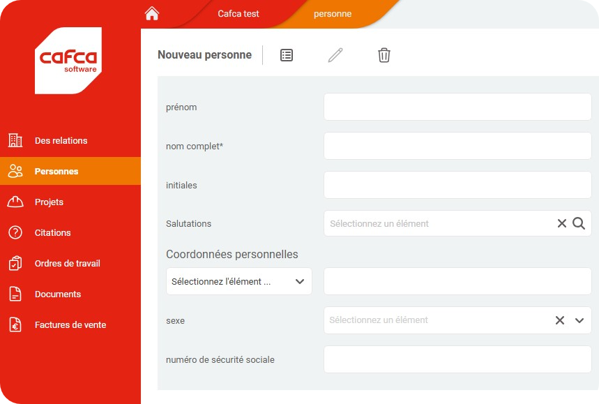 Capture d'écran Cafca Software Nouveau pour les installateurs