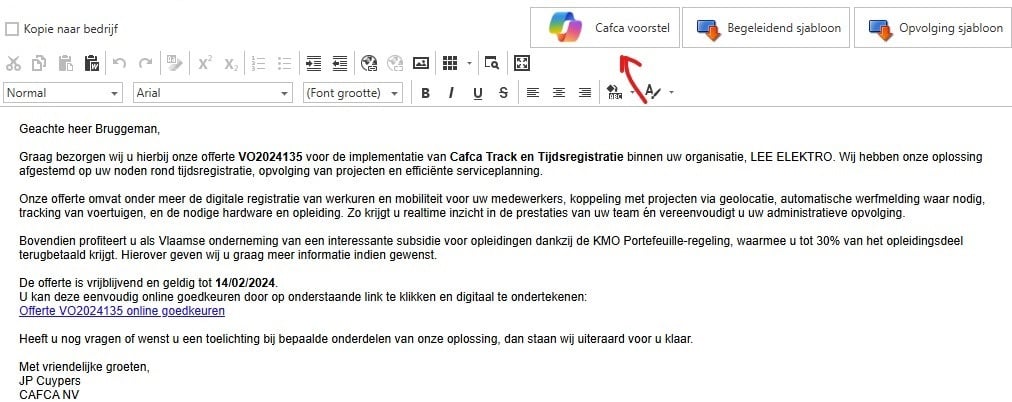 Offertetekst gemaakt met AI in Cafca Software Cloud