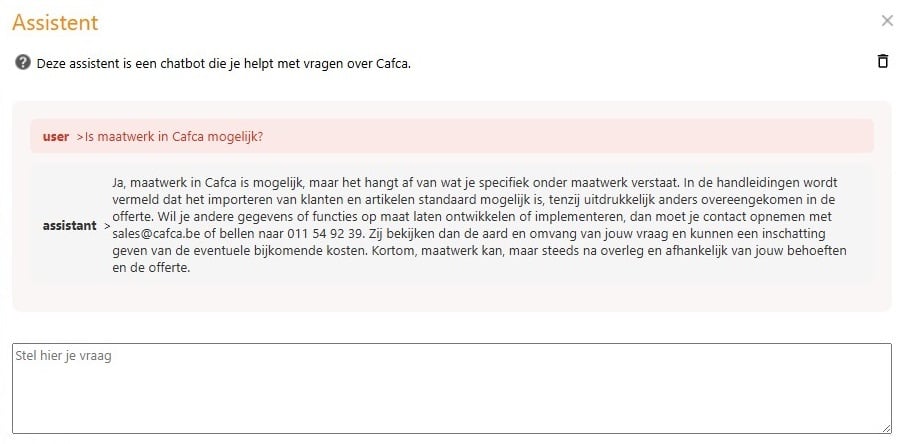 Voorbeeld gebruik AI Chatbot Assistent in Cafca Software Cloud