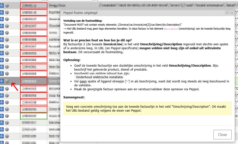 Heldere AI vertalingen van complexe Peppol-foutmeldingen via de facturatietool van Cafca Software Cloud