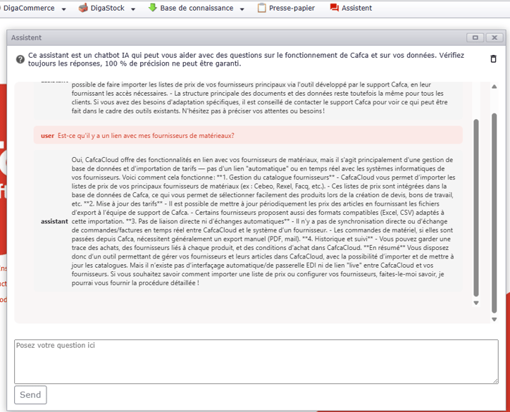 Exemple d'utilisation du Chatbot Assistant - Cafca Software