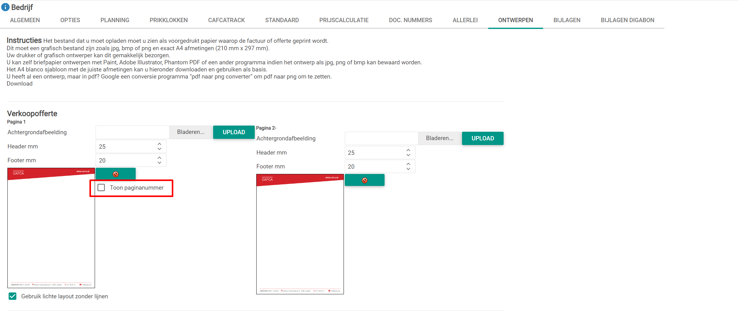 paginanummering voor commerciële documenten activeren