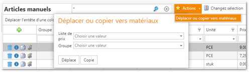 Il est possible de déplacer ou de copier un élément manuel dans Material.