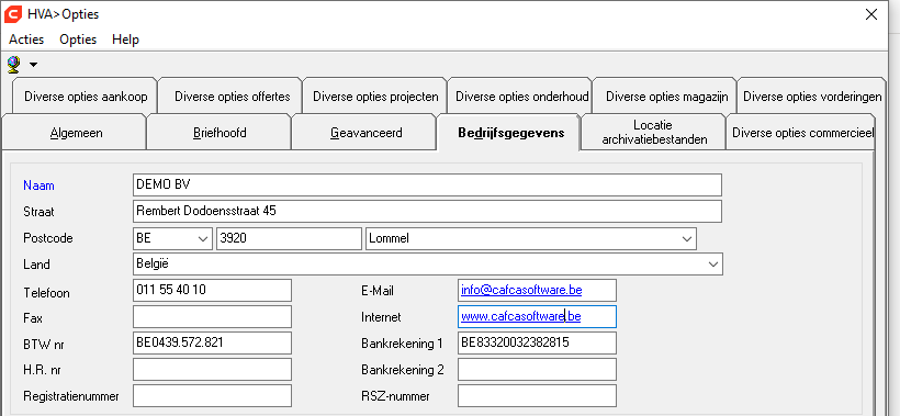 Controleren in Cafca Software of deze velden zijn ingevuld